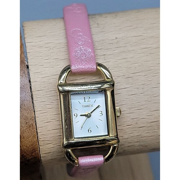 Timex Ladies Pretty In Pink Tank Watch Quartz Gold Tone Vintage T2K761 7.5 Band - Picture 1 of 14